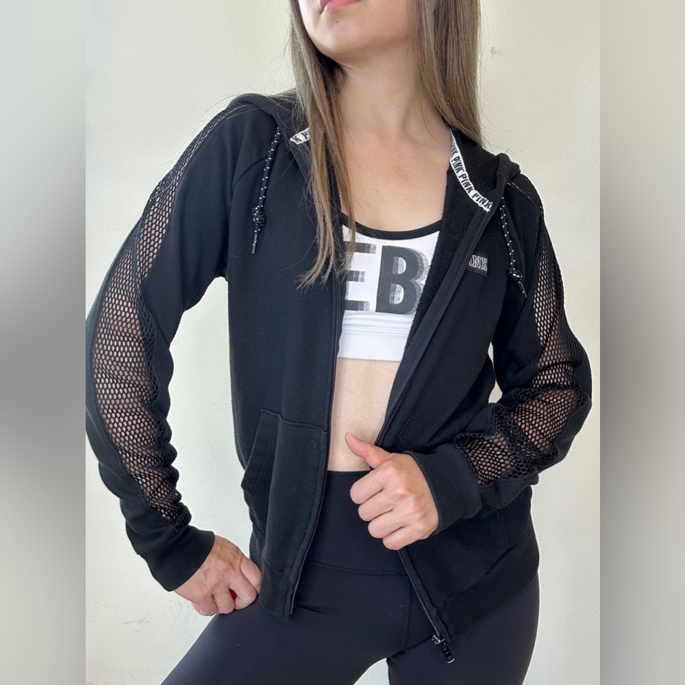 PINK Victoria's Secret Bling Sequins Mesh Sleeve Full Zip Hoodie, Black, XS